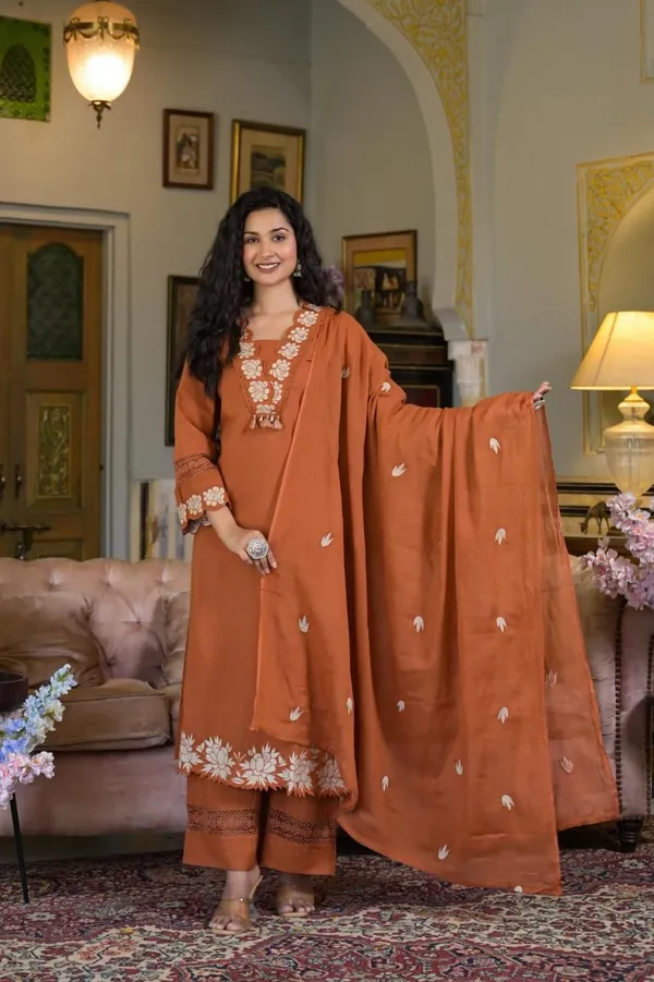 Terracotta_Brown_Cotton_Premium_&_Elegant_Kurta_&_Pant_With_Dupatta_For_Women