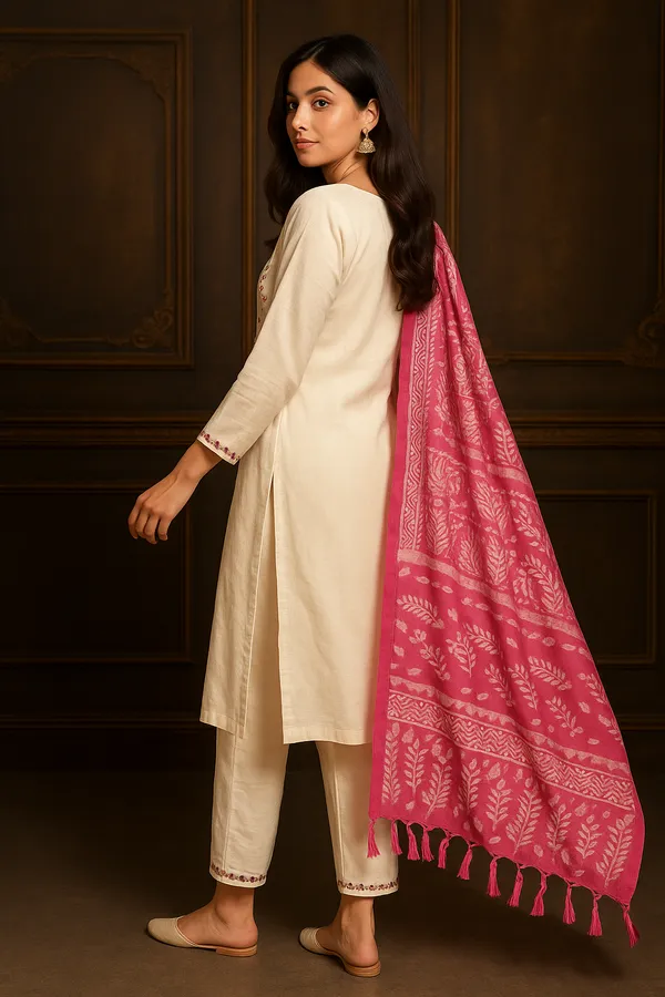 Cream_&_Pink_Khadi_Premium_&_Elegant_Kurta_&_Pant_With_Dupatta_For_Women