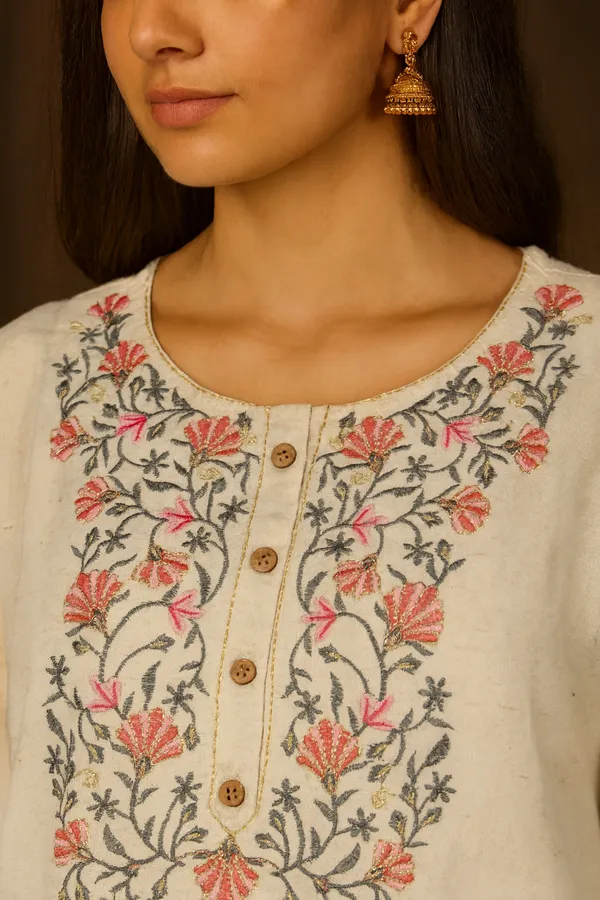 Cream_&_Pink_Khadi_Premium_&_Elegant_Kurta_&_Pant_With_Dupatta_For_Women