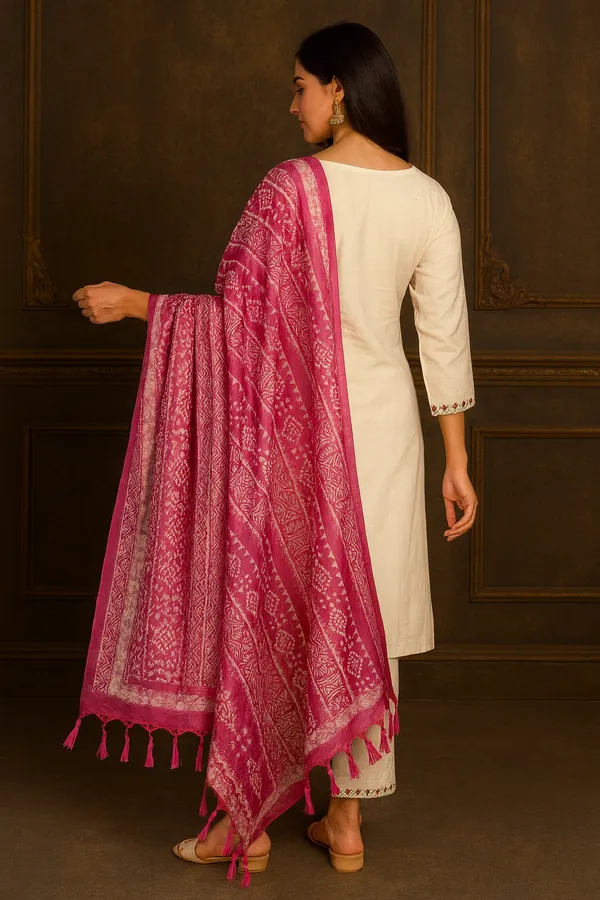Cream_&_Pink_Khadi_Premium_&_Elegant_Kurta_&_Pant_With_Dupatta_For_Women