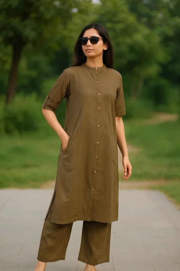 Creation_Katha_Cotton_Brown_Striped_Front-Open_Kurti_Set_with_Straight_Pants