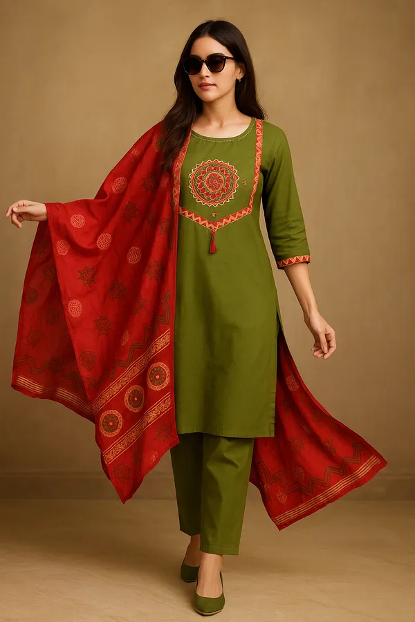 Creation_Cotton_Olive_Green_Embroidered_Kurti_Set_with_Red_Printed_Dupatta