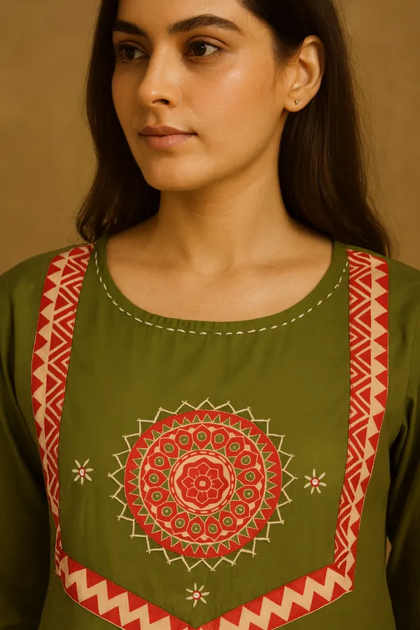 Creation_Cotton_Olive_Green_Embroidered_Kurti_Set_with_Red_Printed_Dupatta