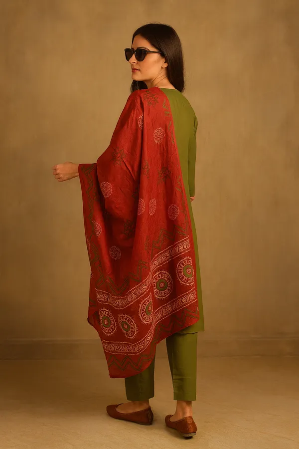 Creation_Cotton_Olive_Green_Embroidered_Kurti_Set_with_Red_Printed_Dupatta