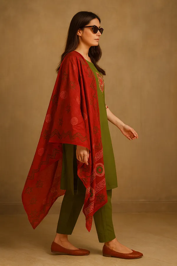 Creation_Cotton_Olive_Green_Embroidered_Kurti_Set_with_Red_Printed_Dupatta