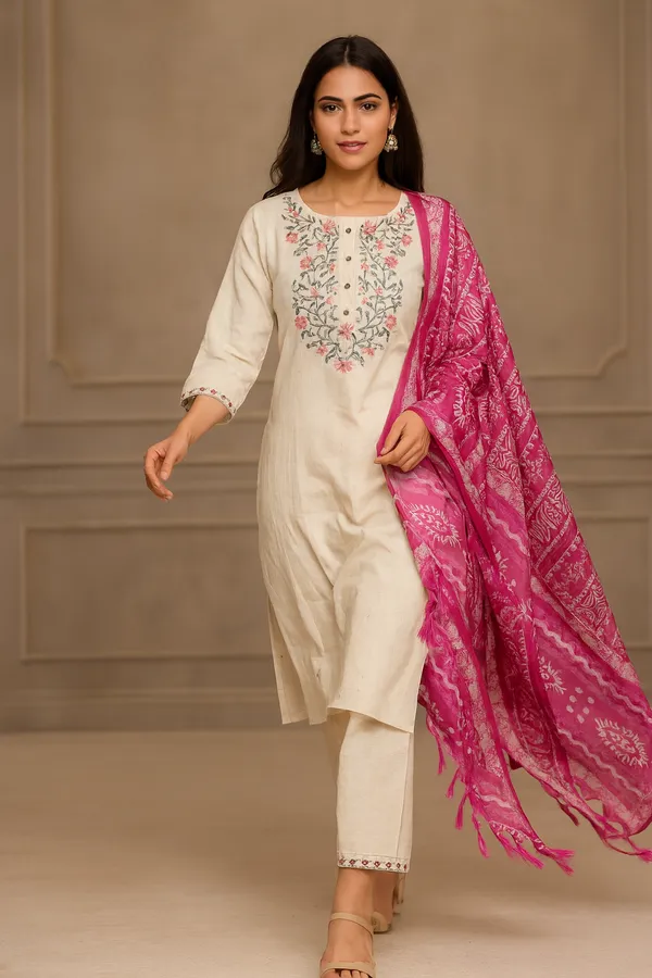 Cream_&_Pink_Khadi_Premium_&_Elegant_Kurta_&_Pant_With_Dupatta_For_Women