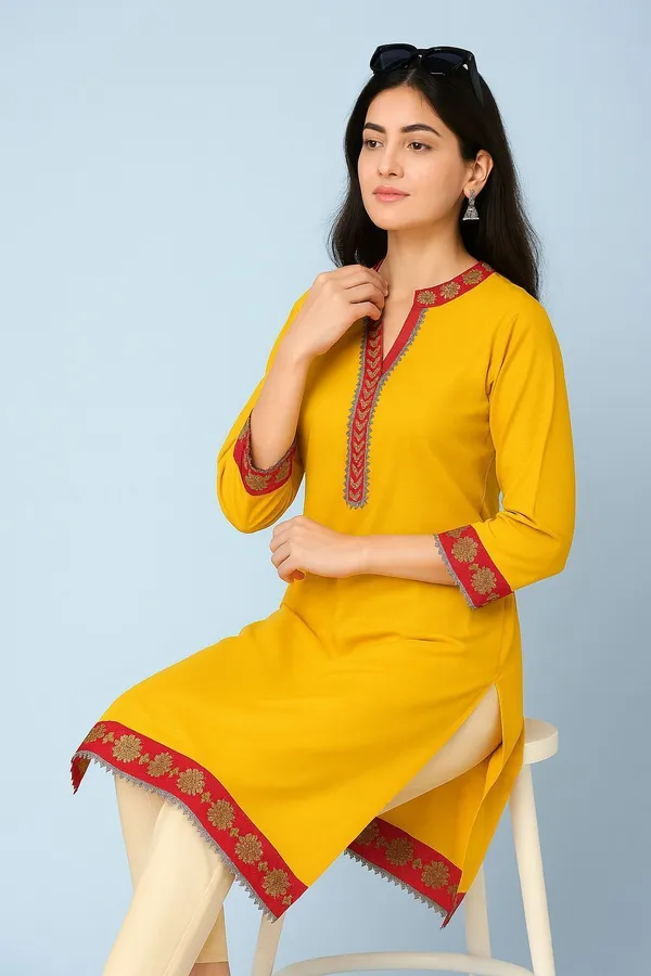 Yellow_Cotton_Rayon_Premium_&_Elegant_Kurta_For_Women