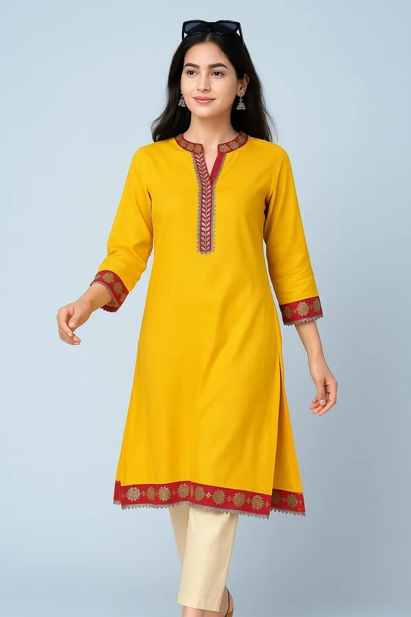 Yellow_Cotton_Rayon_Premium_&_Elegant_Kurta_For_Women
