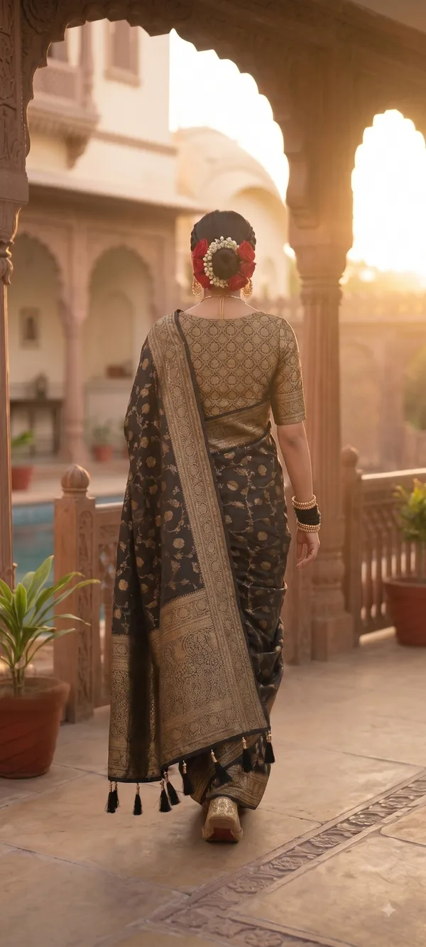 Elegant_Black_Banarasi_Silk_Saree_with_Antique_Gold_Zari_Floral_Motifs_&_Traditional_Border