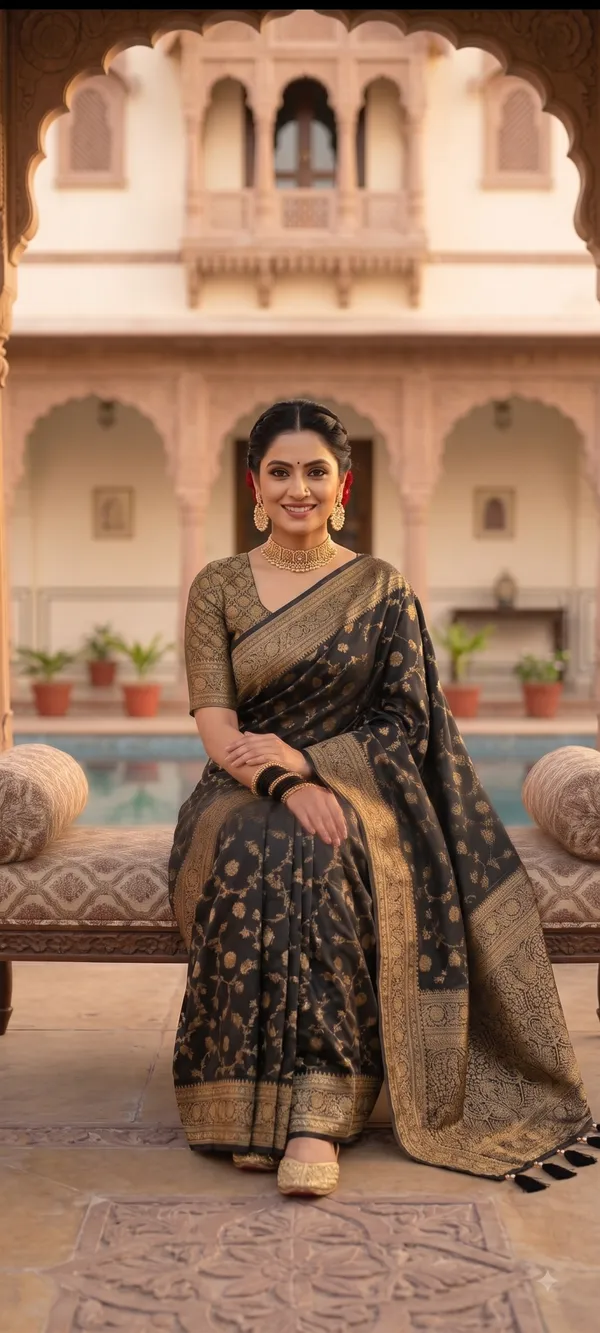 Elegant_Black_Banarasi_Silk_Saree_with_Antique_Gold_Zari_Floral_Motifs_&_Traditional_Border