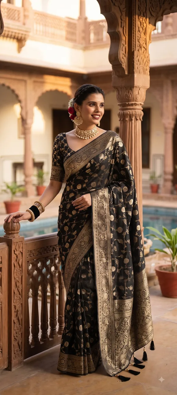 Elegant_Black_Banarasi_Silk_Saree_with_Antique_Gold_Zari_Floral_Motifs_&_Traditional_Border