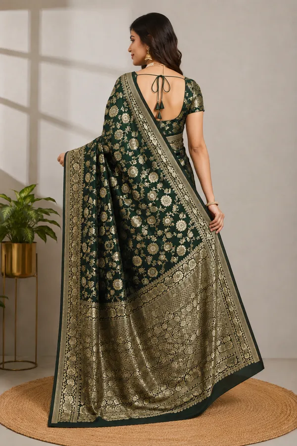 Elegant_Dark_Green_Banarasi_Silk_Saree_with_Intricate_Golden_Floral_Zari_Work_&_Rich_Woven_Border