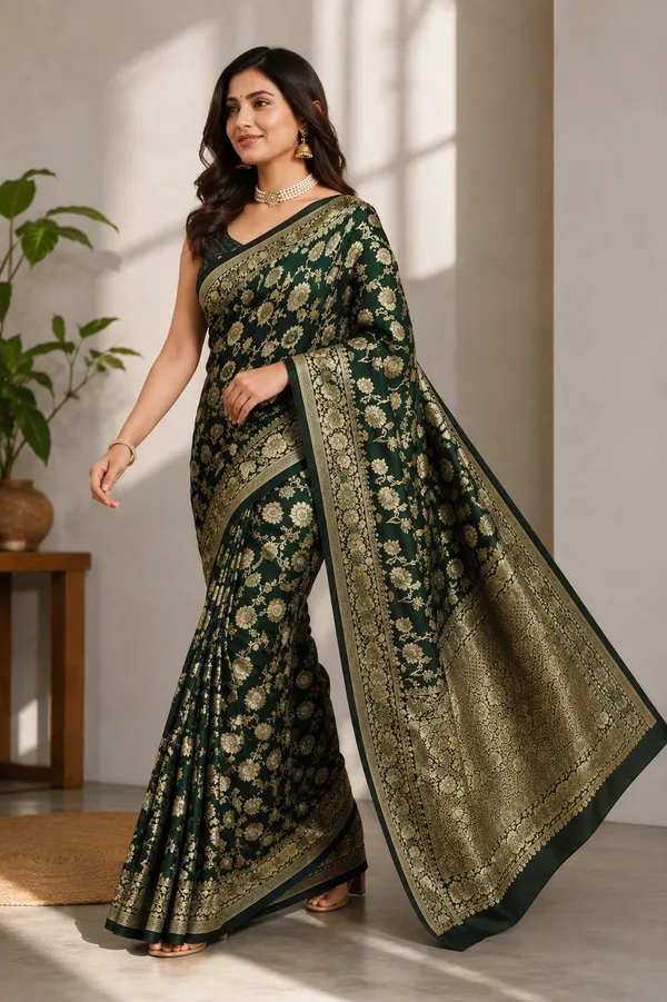 Elegant_Dark_Green_Banarasi_Silk_Saree_with_Intricate_Golden_Floral_Zari_Work_&_Rich_Woven_Border