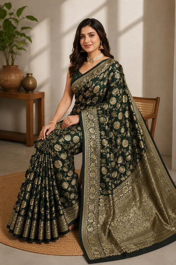 Elegant_Dark_Green_Banarasi_Silk_Saree_with_Intricate_Golden_Floral_Zari_Work_&_Rich_Woven_Border