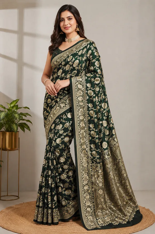 Elegant_Dark_Green_Banarasi_Silk_Saree_with_Intricate_Golden_Floral_Zari_Work_&_Rich_Woven_Border