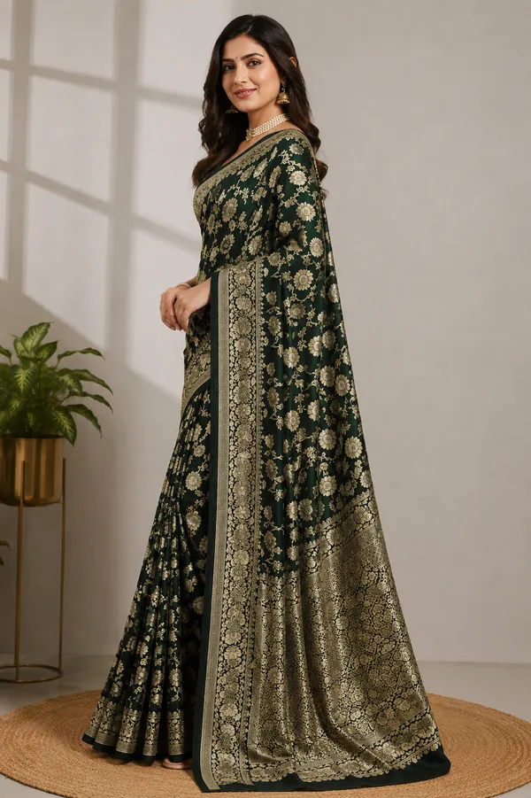Elegant_Dark_Green_Banarasi_Silk_Saree_with_Intricate_Golden_Floral_Zari_Work_&_Rich_Woven_Border