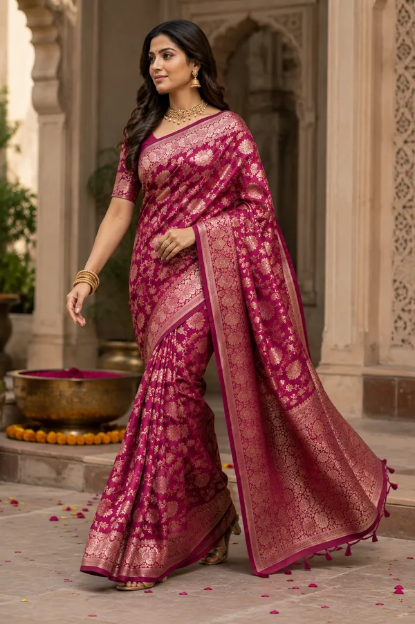 Elegant_Magenta_Banarasi_Silk_Saree_with_Rich_Golden_Floral_Zari_Work_&_Intricate_Traditional_Border