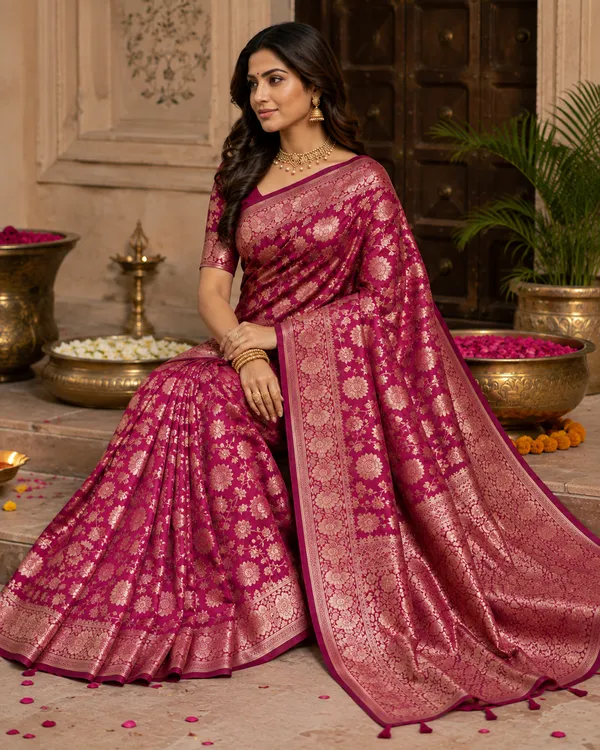 Elegant_Magenta_Banarasi_Silk_Saree_with_Rich_Golden_Floral_Zari_Work_&_Intricate_Traditional_Border