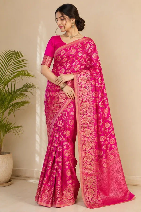 Vibrant_Pink_Banarasi_Silk_Saree_with_Golden_Floral_Zari_Motifs_&_Intricate_Traditional_Border