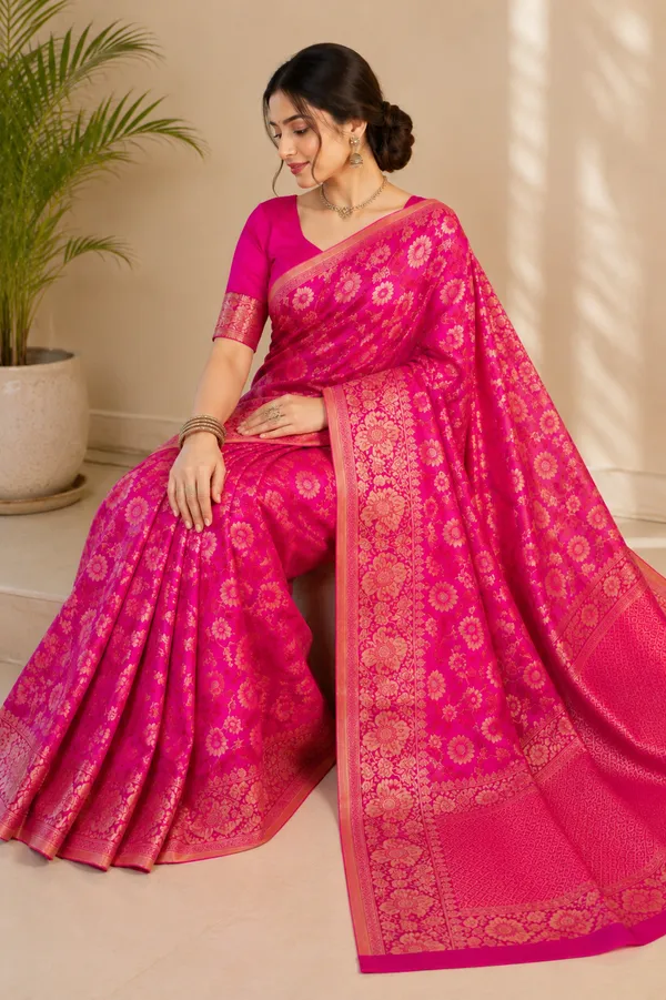 Vibrant_Pink_Banarasi_Silk_Saree_with_Golden_Floral_Zari_Motifs_&_Intricate_Traditional_Border