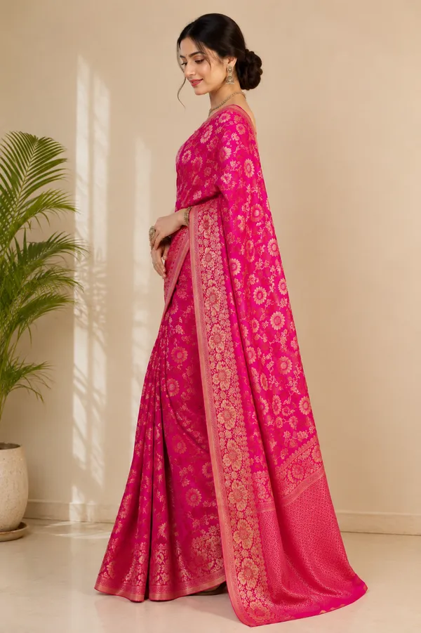 Vibrant_Pink_Banarasi_Silk_Saree_with_Golden_Floral_Zari_Motifs_&_Intricate_Traditional_Border