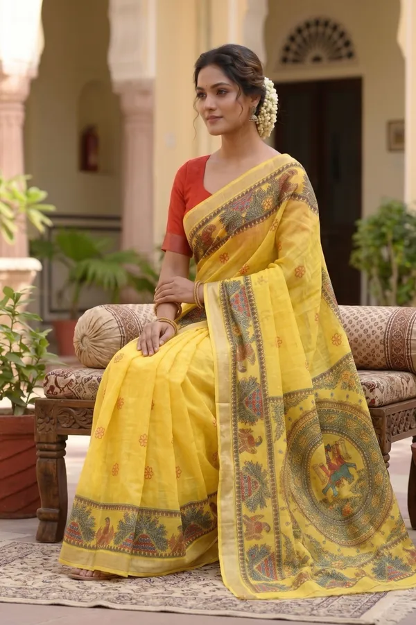 Elegant_Yellow_Handloom_Saree_with_Traditional_Kalamkari_Floral_&_Folk_Art_Border