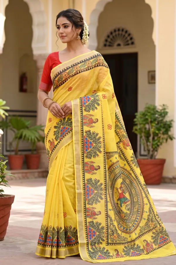 Elegant_Yellow_Handloom_Saree_with_Traditional_Kalamkari_Floral_&_Folk_Art_Border