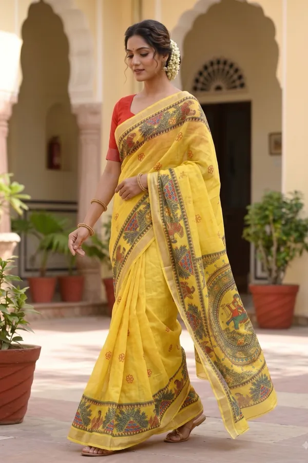Elegant_Yellow_Handloom_Saree_with_Traditional_Kalamkari_Floral_&_Folk_Art_Border