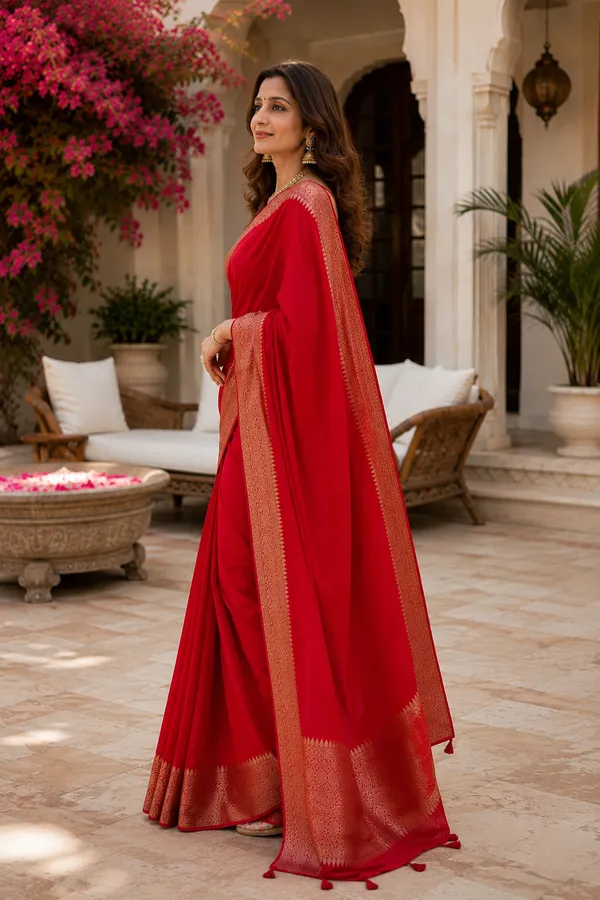 Elegant_Red_Silk_Saree_with_Rich_Golden_Zari_Border_&_Intricate_Traditional_Woven_Detailing