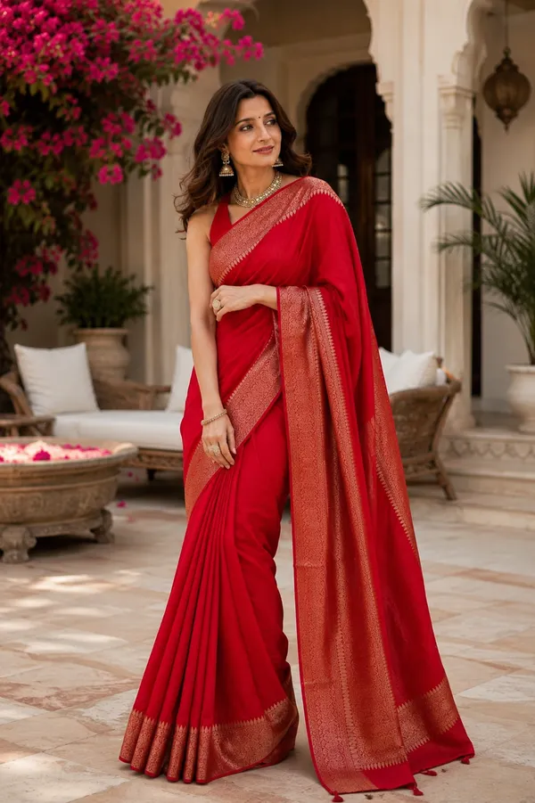 Elegant_Red_Silk_Saree_with_Rich_Golden_Zari_Border_&_Intricate_Traditional_Woven_Detailing