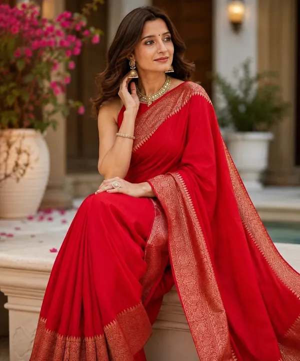 Elegant_Red_Silk_Saree_with_Rich_Golden_Zari_Border_&_Intricate_Traditional_Woven_Detailing