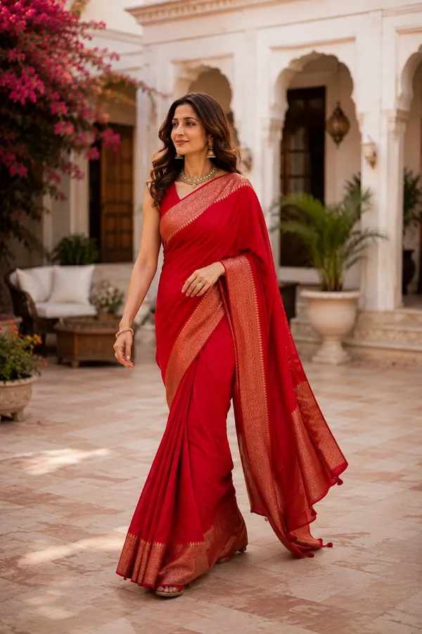 Elegant_Red_Silk_Saree_with_Rich_Golden_Zari_Border_&_Intricate_Traditional_Woven_Detailing
