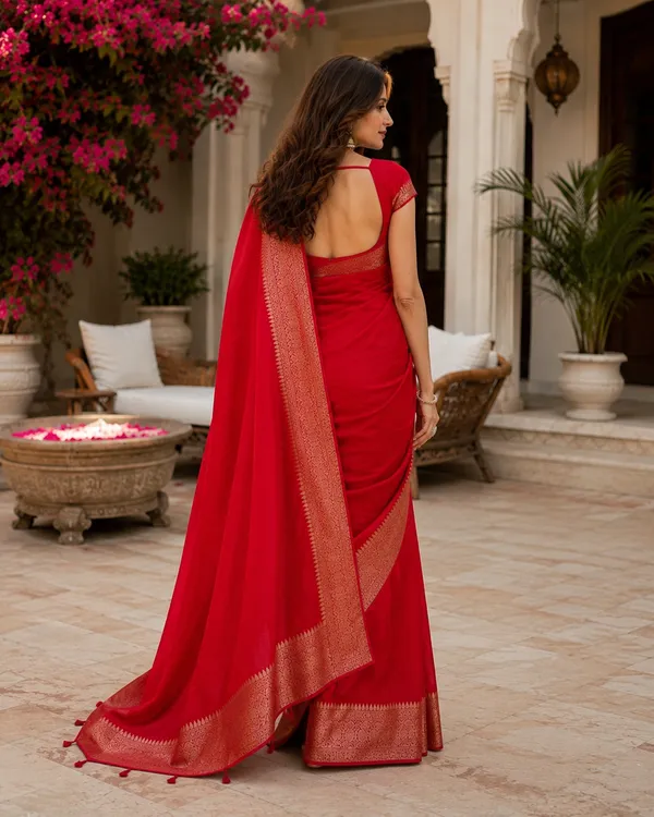 Elegant_Red_Silk_Saree_with_Rich_Golden_Zari_Border_&_Intricate_Traditional_Woven_Detailing