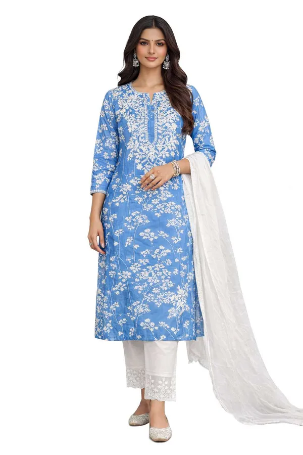 Pramil_Women_Cotton_Chikankari_Floral_Embroidered_Straight_Kurta_|_Regular_Fit_Ethnic_Wear_Indian_Traditional_Suit_Kurta_Set_with_Dupatta_|_Blue_Indian_Ethnic_Casual_Wear