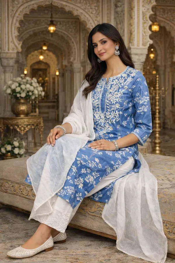 Pramil_Women_Cotton_Chikankari_Floral_Embroidered_Straight_Kurta_|_Regular_Fit_Ethnic_Wear_Indian_Traditional_Suit_Kurta_Set_with_Dupatta_|_Blue_Indian_Ethnic_Casual_Wear