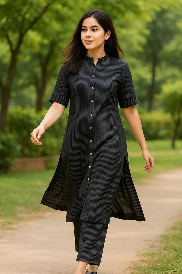 Creation_Black_Striped_Front-Open_Kurti_Set_in_Katha_Cotton