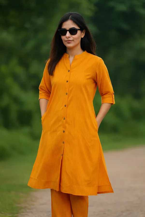 Creation_Mustard_Striped_Front-Open_Kurti_Set_in_Katha_Cotton