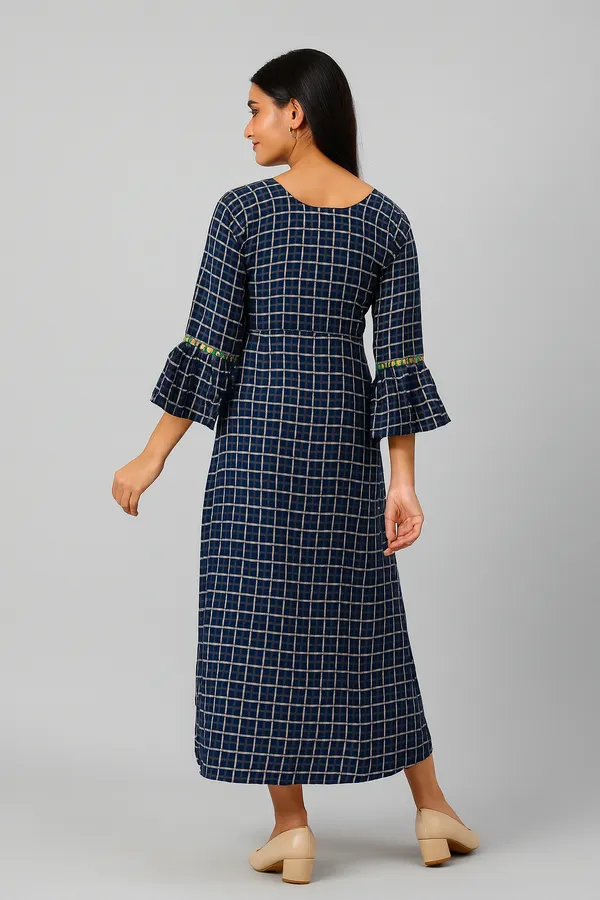 Creation_Cotton_Rayon_Navy_Check_Embellished_Anarkali_Kurti
