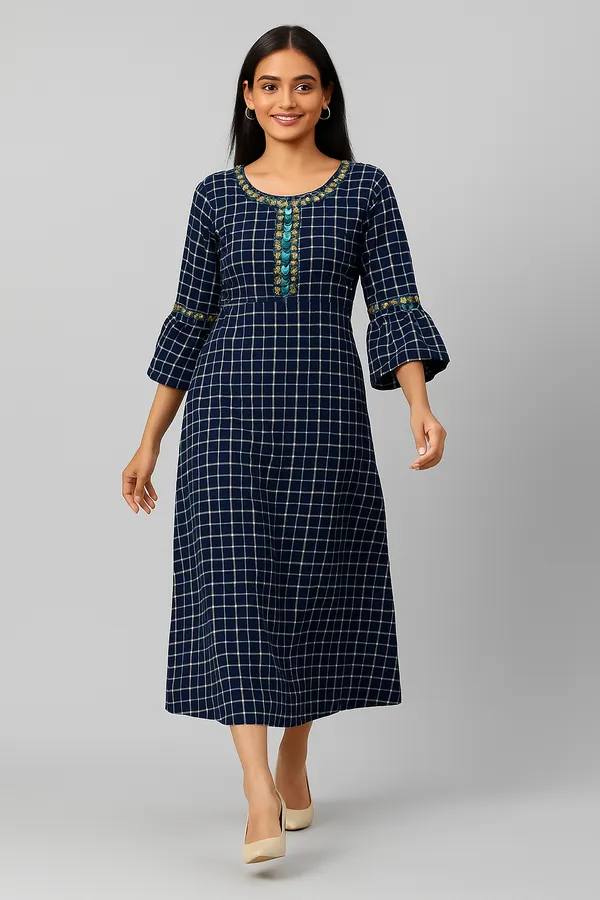 Creation_Cotton_Rayon_Navy_Check_Embellished_Anarkali_Kurti
