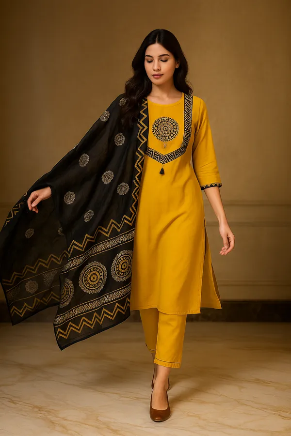 Creation_Cotton_Mustard_Embroidered_Kurti_Set_with_Black_Printed_Dupatta