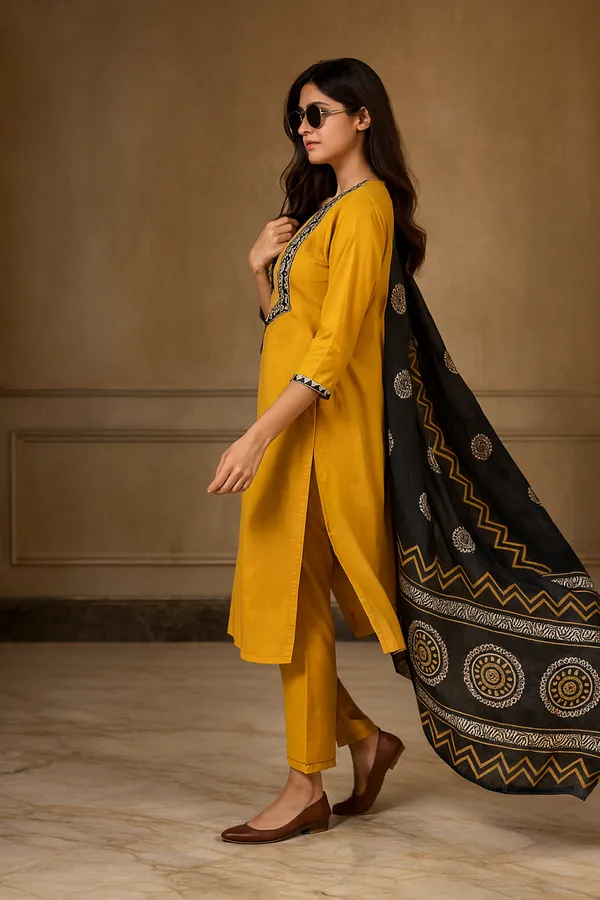 Creation_Cotton_Mustard_Embroidered_Kurti_Set_with_Black_Printed_Dupatta