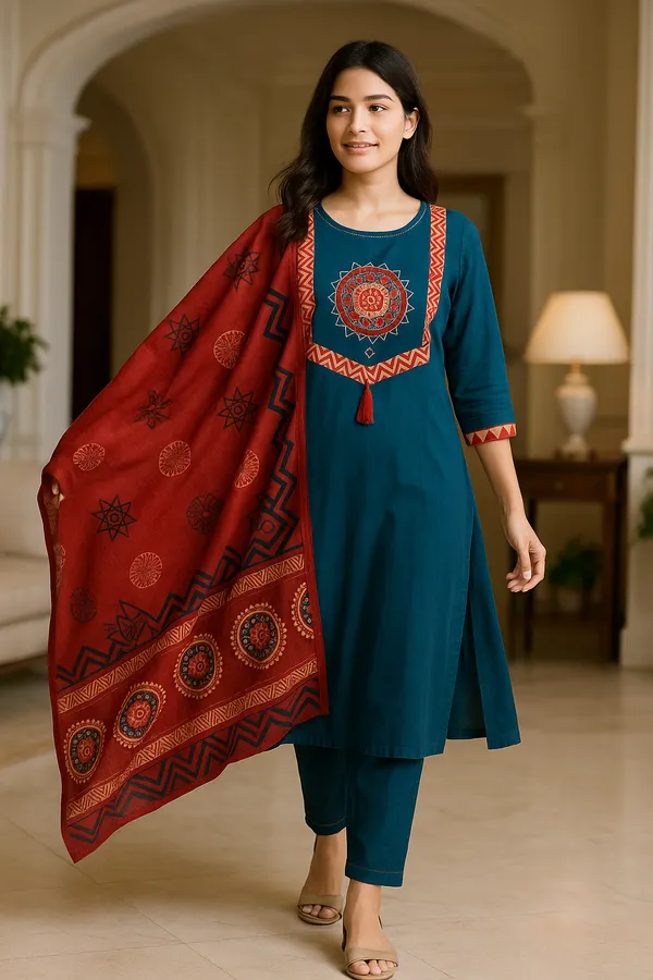 Creation_Cotton_Teal_Blue_Embroidered_Kurti_Set_with_Red_Printed_Dupatta