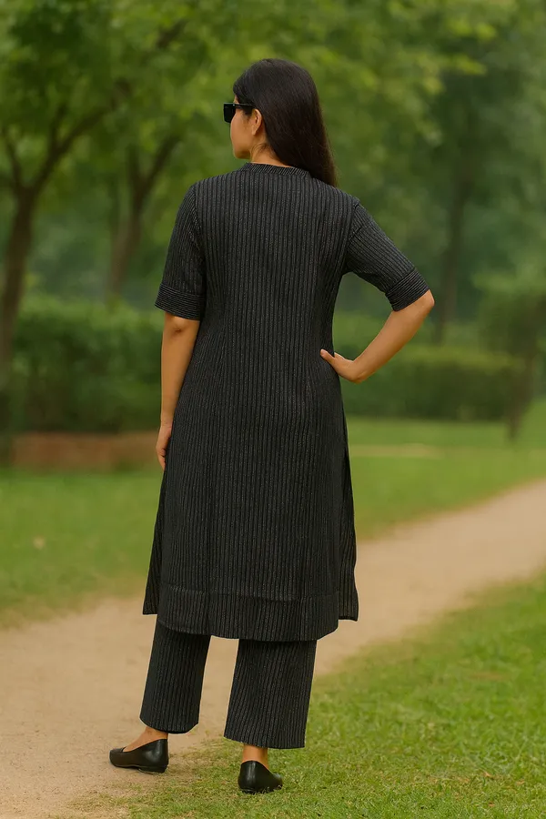 Creation_Black_Striped_Front-Open_Kurti_Set_in_Katha_Cotton