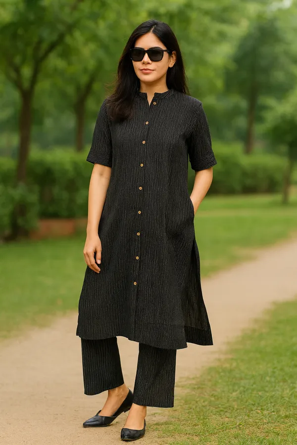 Creation_Black_Striped_Front-Open_Kurti_Set_in_Katha_Cotton