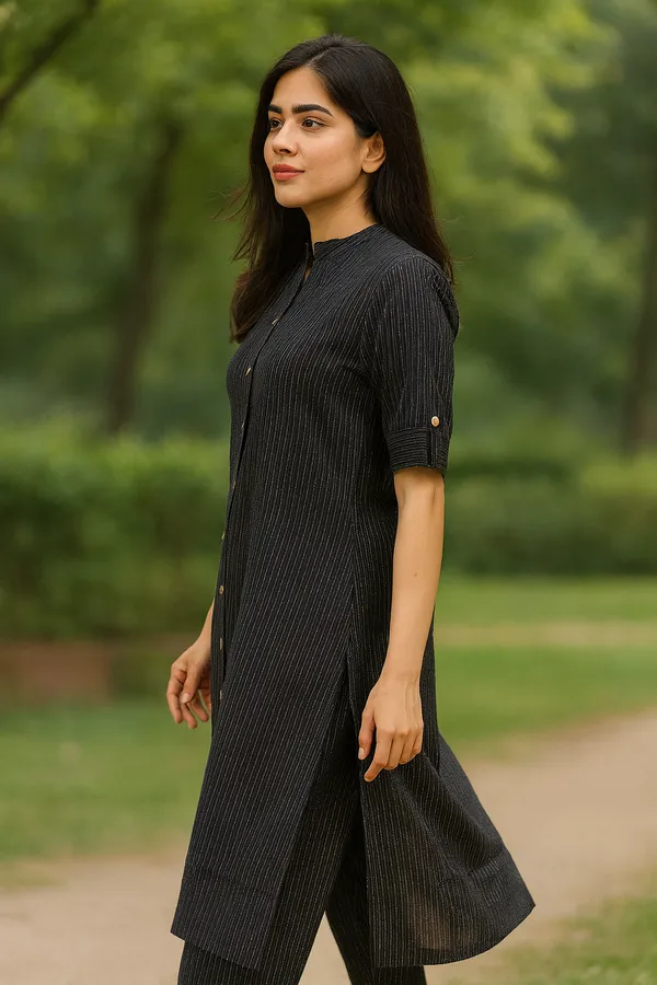 Creation_Black_Striped_Front-Open_Kurti_Set_in_Katha_Cotton