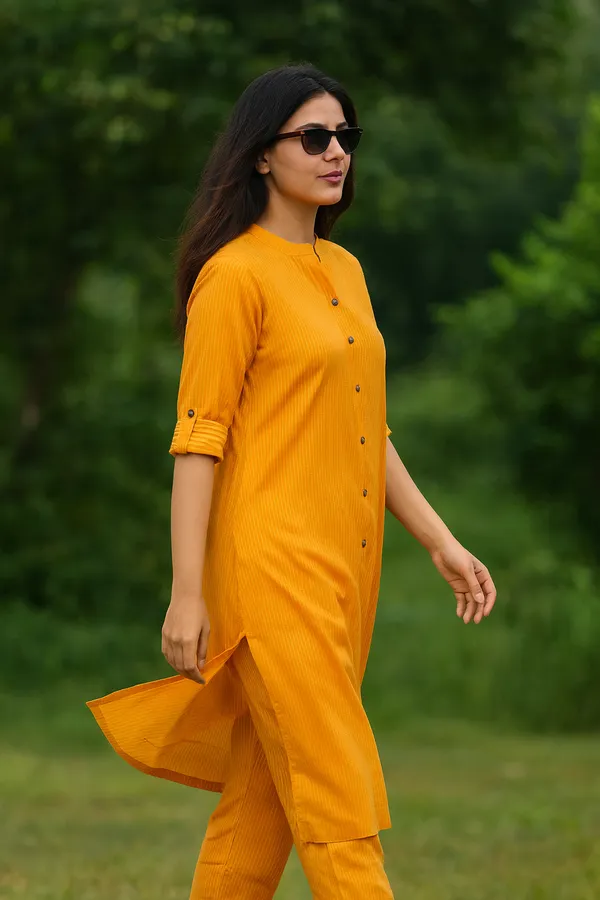 Creation_Mustard_Striped_Front-Open_Kurti_Set_in_Katha_Cotton