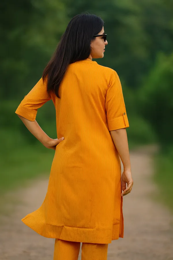 Creation_Mustard_Striped_Front-Open_Kurti_Set_in_Katha_Cotton