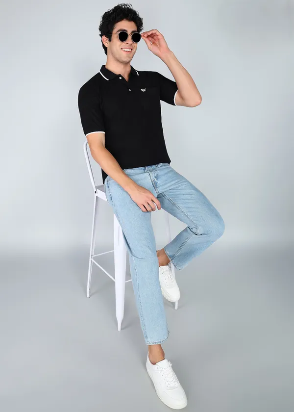 Black_Classic_Striped_Polo_Neck_T-Shirt_For_Men