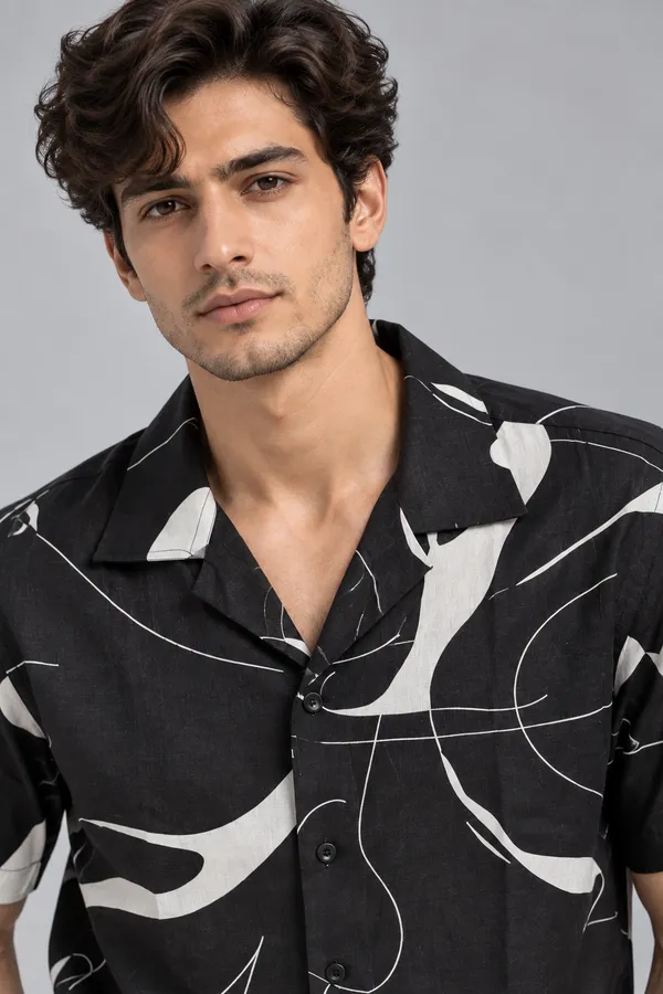 ARVEST_Black_Abstract_Print_Linen_Half-Sleeve_Shirt
