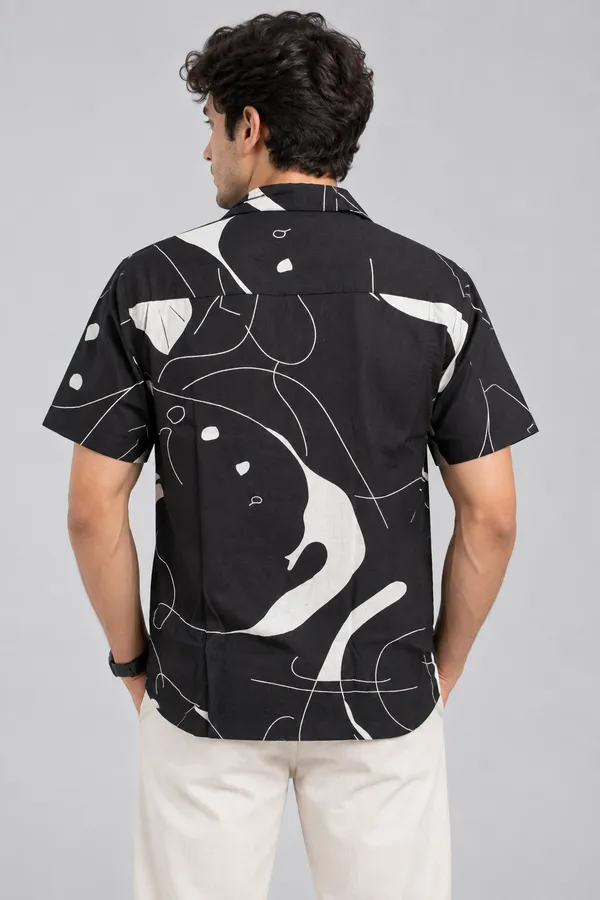 ARVEST_Black_Abstract_Print_Linen_Half-Sleeve_Shirt